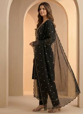 Black thread work cotton stitched straight kurta set with pant for women 3