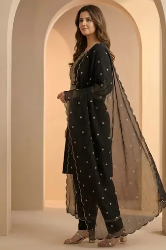 Black thread work cotton stitched straight kurta set with pant for women