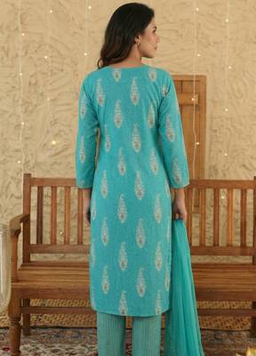 Sky blue paisley printed rayon stitched straight kurta set with pant for women 3