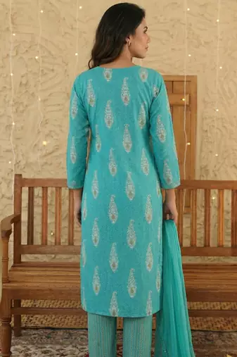 Sky blue paisley printed rayon stitched straight kurta set with pant for women