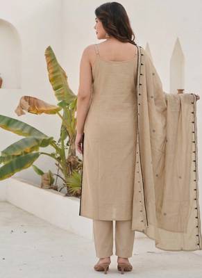 Beige mirror work satin silk stitched straight kurta set with pant for women 5