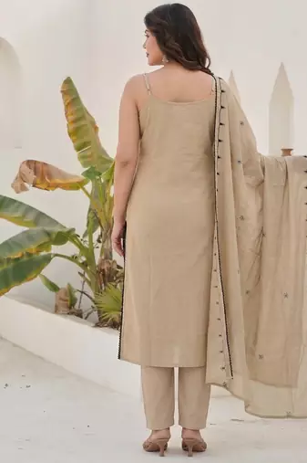 Beige mirror work satin silk stitched straight kurta set with pant for women