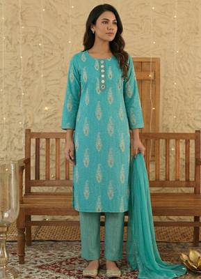 Sky blue paisley printed rayon stitched straight kurta set with pant for women 4