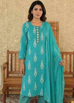 Sky blue paisley printed rayon stitched straight kurta set with pant for women 5