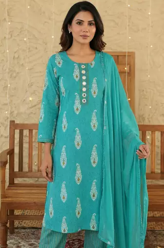 Sky blue paisley printed rayon stitched straight kurta set with pant for women