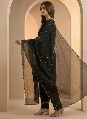 Black thread work cotton stitched straight kurta set with pant for women 4