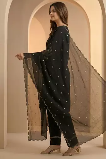 Black thread work cotton stitched straight kurta set with pant for women
