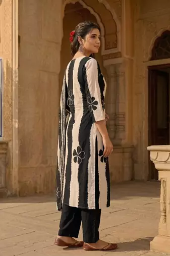Black stripe printed cotton stitched straight kurta set with pant for women