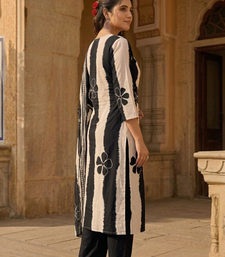 Black stripe printed cotton stitched straight kurta set with pant for women