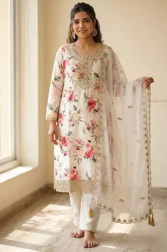 White floral printed satin silk stitched straight kurta set with pant for women