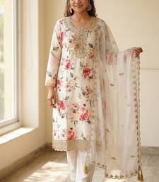 White floral printed satin silk stitched straight kurta set with pant for women