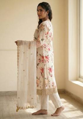 White floral printed satin silk stitched straight kurta set with pant for women 3