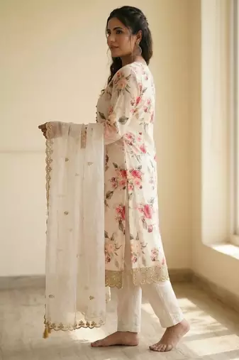 White floral printed satin silk stitched straight kurta set with pant for women