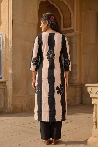 Black stripe printed cotton stitched straight kurta set with pant for women