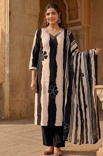 Black stripe printed cotton stitched straight kurta set with pant for women