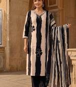 Black stripe printed cotton stitched straight kurta set with pant for women