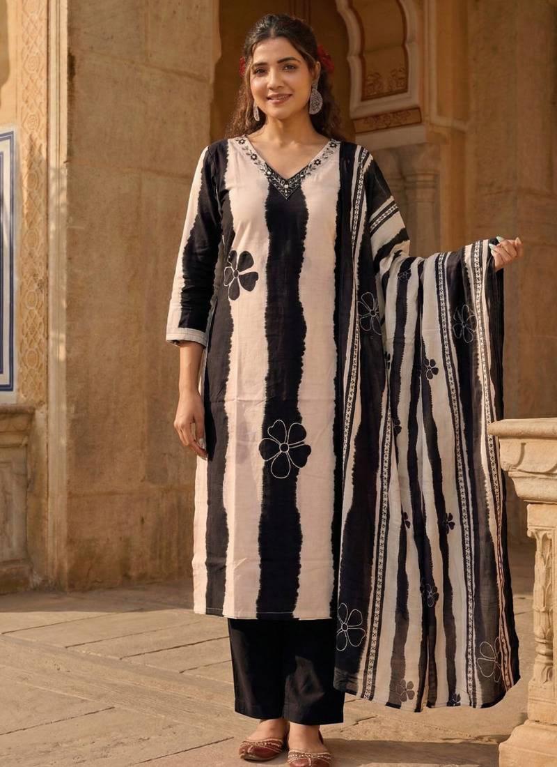 Black stripe printed cotton stitched straight kurta set with pant for women