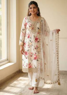 White floral printed satin silk stitched straight kurta set with pant for women 1