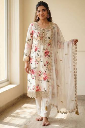 White floral printed satin silk stitched straight kurta set with pant for women