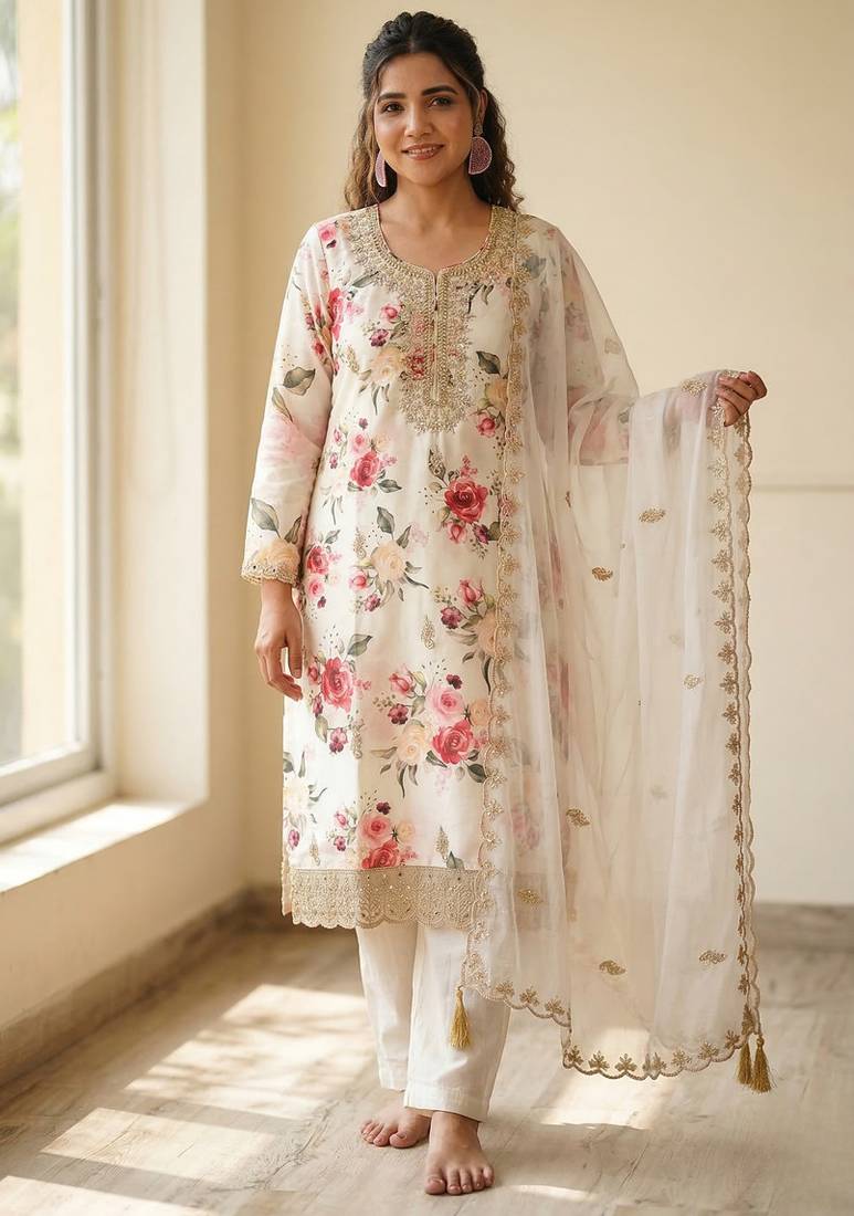 White floral printed satin silk stitched straight kurta set with pant for women