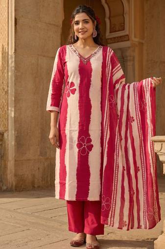 Pink stripe printed cotton stitched straight kurta set with pant for women