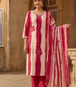 Pink stripe printed cotton stitched straight kurta set with pant for women