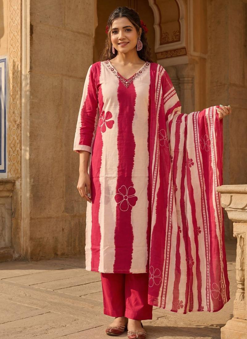 Pink stripe printed cotton stitched straight kurta set with pant for women