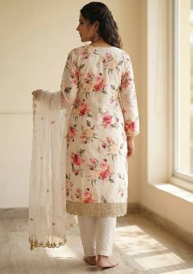 White floral printed satin silk stitched straight kurta set with pant for women 4