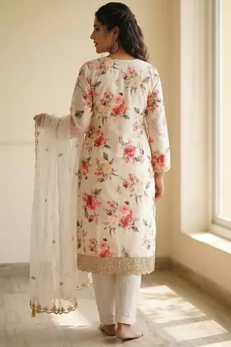 White floral printed satin silk stitched straight kurta set with pant for women