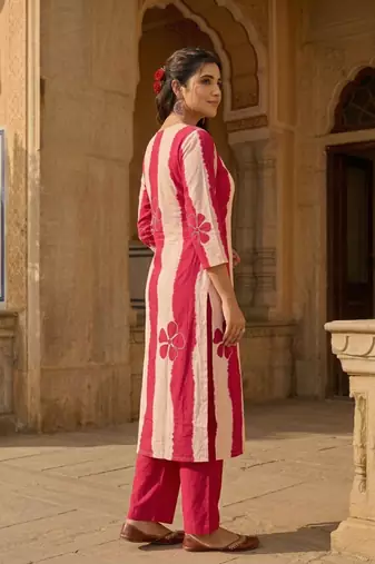 Pink stripe printed cotton stitched straight kurta set with pant for women