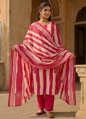 Pink stripe printed cotton stitched straight kurta set with pant for women 3