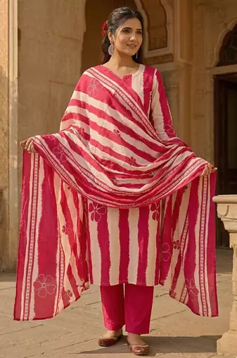 Pink stripe printed cotton stitched straight kurta set with pant for women