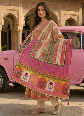 Off-white ethnic printed satin stitched anarkali kurta set with straight pant for women 2
