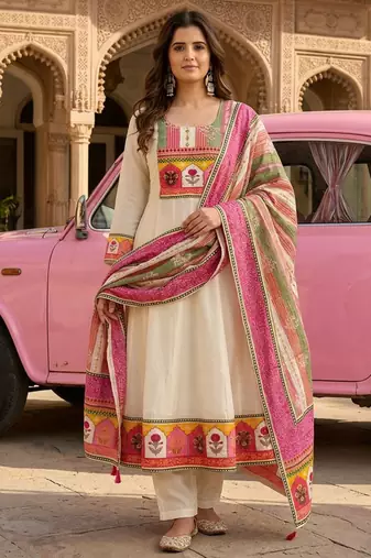Off-white ethnic printed satin stitched anarkali kurta set with straight pant for women