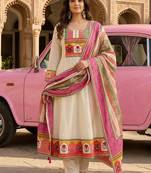 Off-white ethnic printed satin stitched anarkali kurta set with straight pant for women