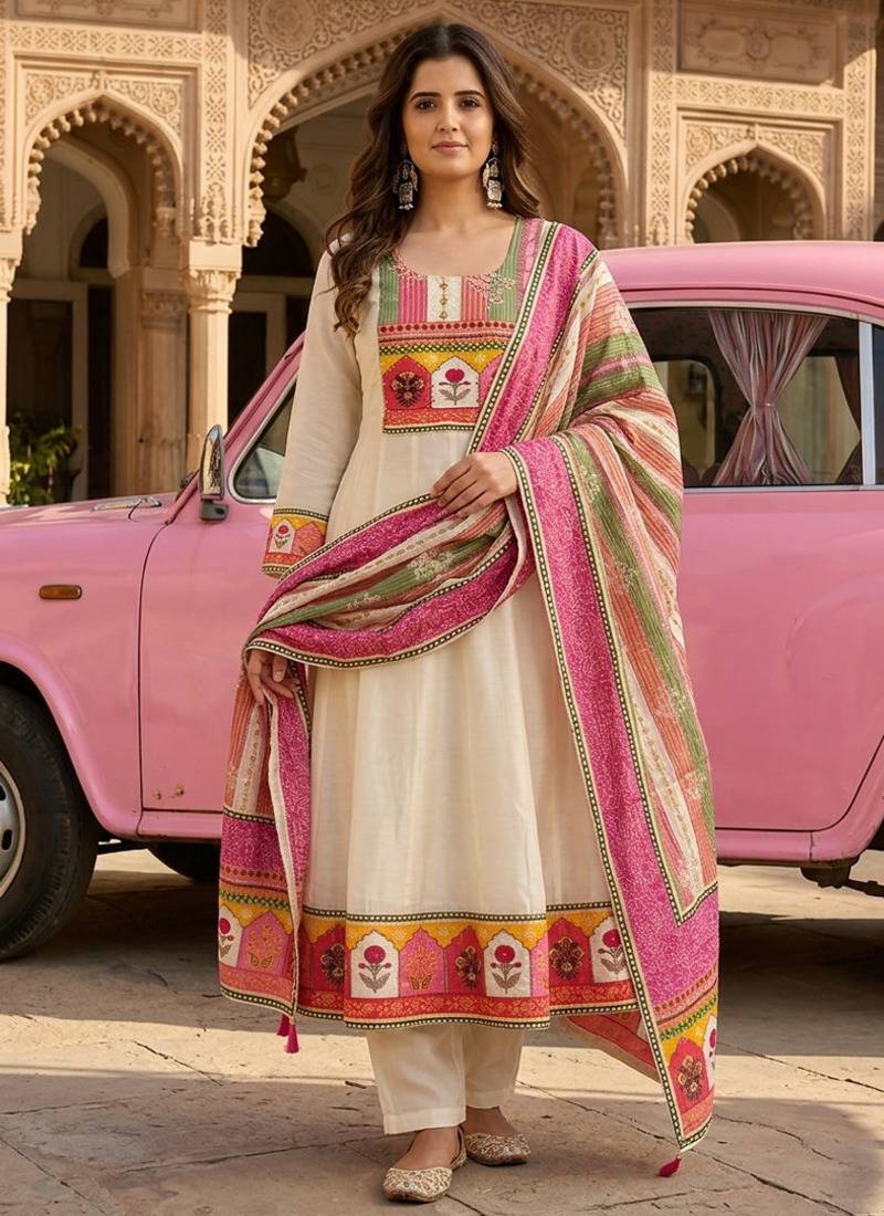 Off-white ethnic printed satin stitched anarkali kurta set with straight pant for women