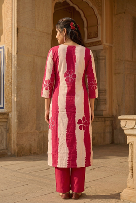 Pink stripe printed cotton stitched straight kurta set with pant for women 4