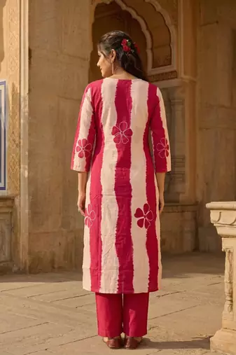 Pink stripe printed cotton stitched straight kurta set with pant for women