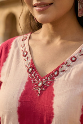 Pink stripe printed cotton stitched straight kurta set with pant for women 5