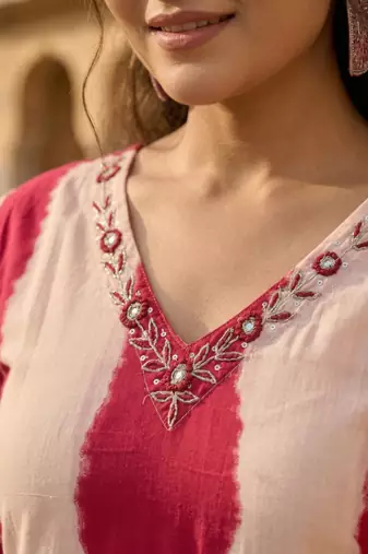 Pink stripe printed cotton stitched straight kurta set with pant for women