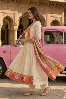 Off-white ethnic printed satin stitched anarkali kurta set with straight pant for women 3