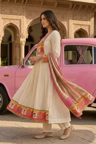 Off-white ethnic printed satin stitched anarkali kurta set with straight pant for women
