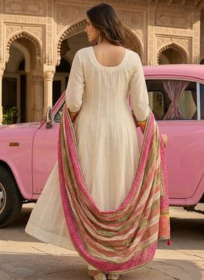 Off-white ethnic printed satin stitched anarkali kurta set with straight pant for women 4