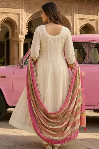Off-white ethnic printed satin stitched anarkali kurta set with straight pant for women