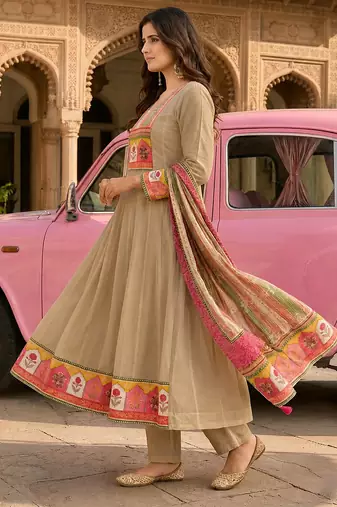 Beige ethnic printed satin stitched anarkali kurta set with straight pant for women