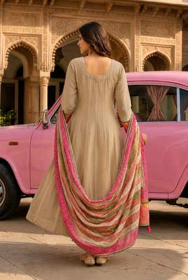 Beige ethnic printed satin stitched anarkali kurta set with straight pant for women 4