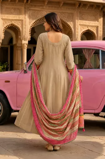 Beige ethnic printed satin stitched anarkali kurta set with straight pant for women