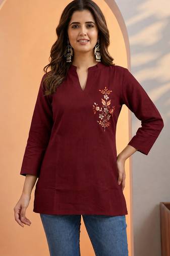 Maroon thread work cotton silk stitched tunic kurti for women