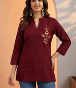 Maroon thread work cotton silk stitched tunic kurti for women