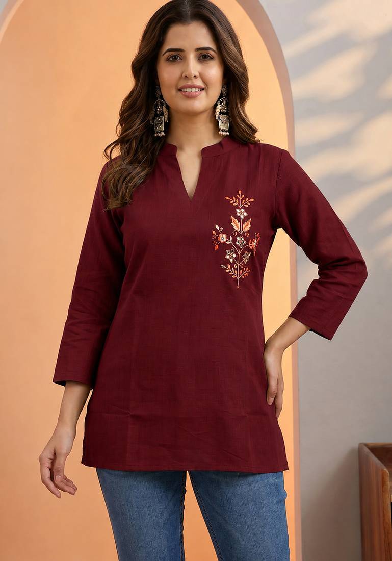 Maroon thread work cotton silk stitched tunic kurti for women